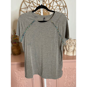 Women's Massini Gray Beaded Shoulder T-Shirt - Size M